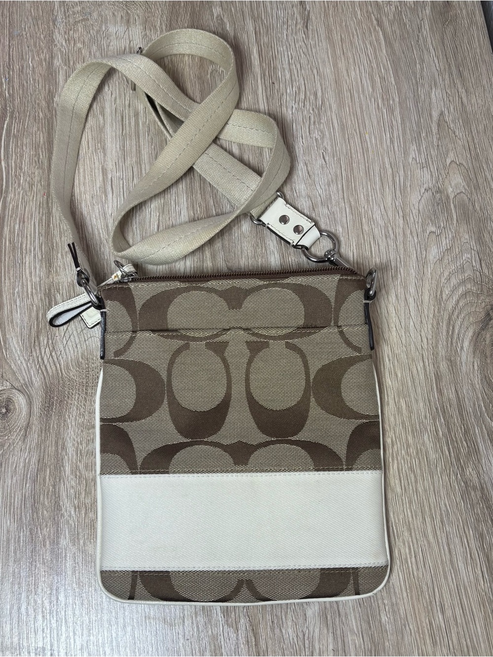 Coach Signature C Jacquard Crossbody Bag Tan Brown White